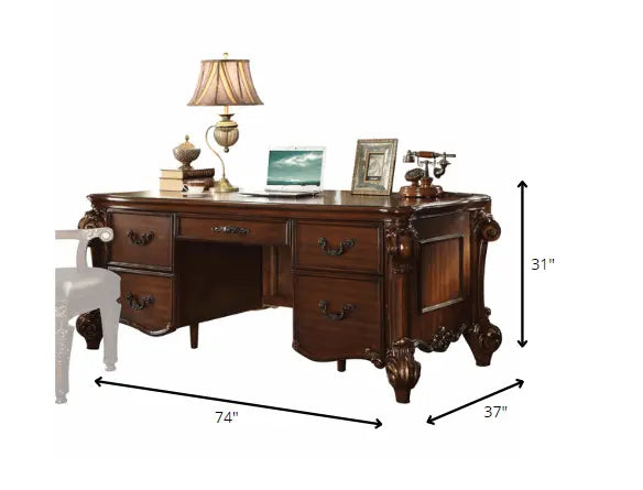 Elegant 74" Brown Executive Desk with Five Drawers - Classic Style, Rich Cherry Finish