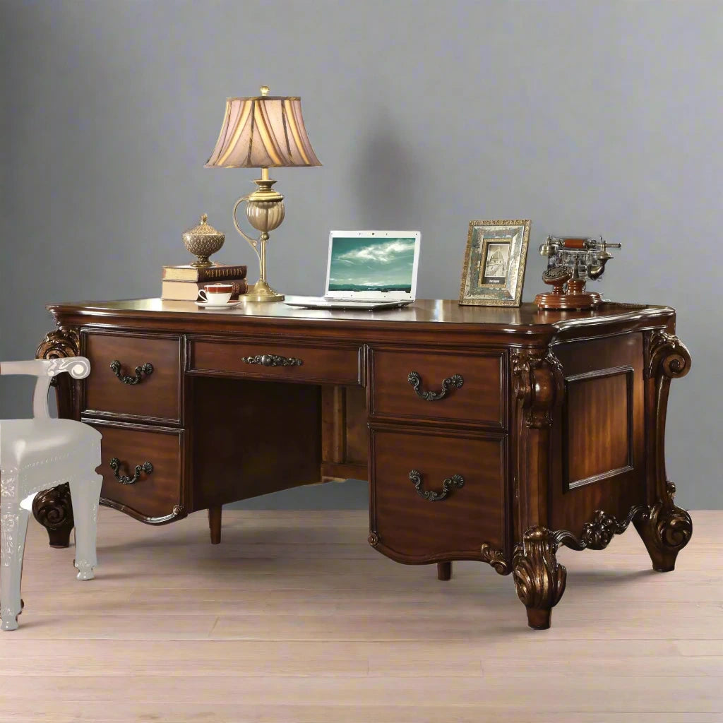 Elegant 74" Brown Executive Desk with Five Drawers - Classic Style, Rich Cherry Finish