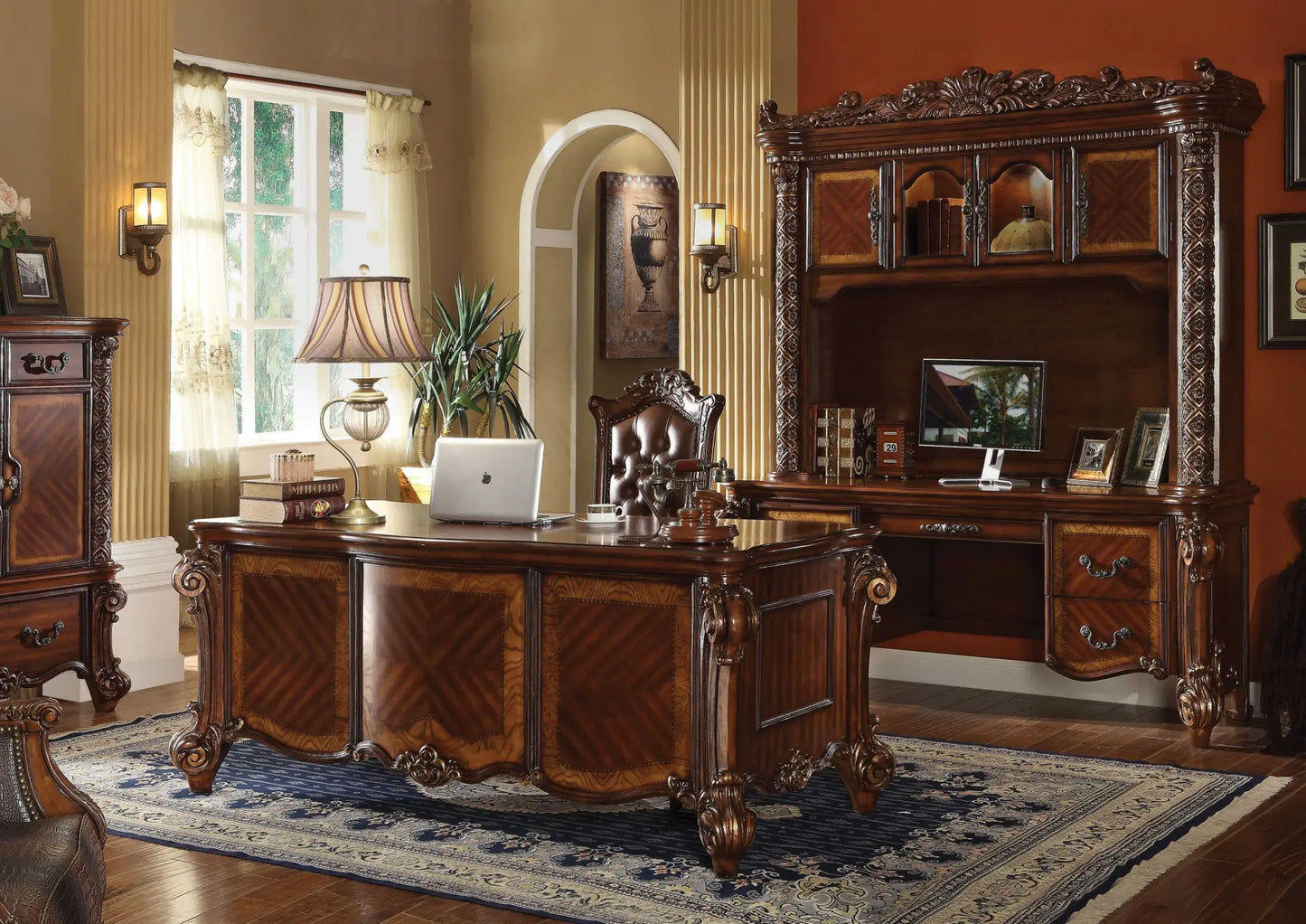 Elegant 74" Brown Executive Desk with Five Drawers - Classic Style, Rich Cherry Finish