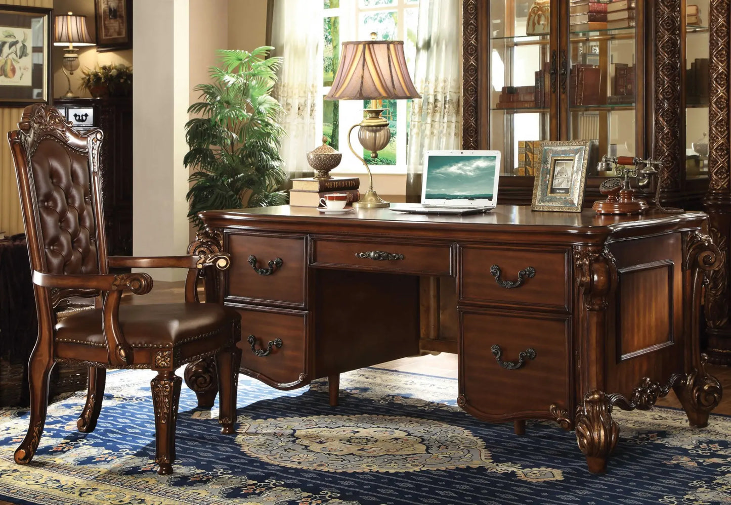 Elegant 74" Brown Executive Desk with Five Drawers - Classic Style, Rich Cherry Finish
