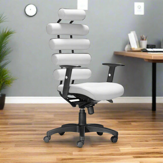 Steel Frame & Lumbar Support White and Black Adjustable Swivel Faux Leather Rolling Executive Office Chair